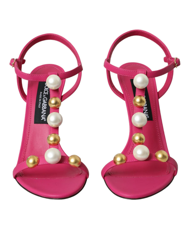 Pink Embellished Leather Sandals Heels Shoes Dolce & Gabbana