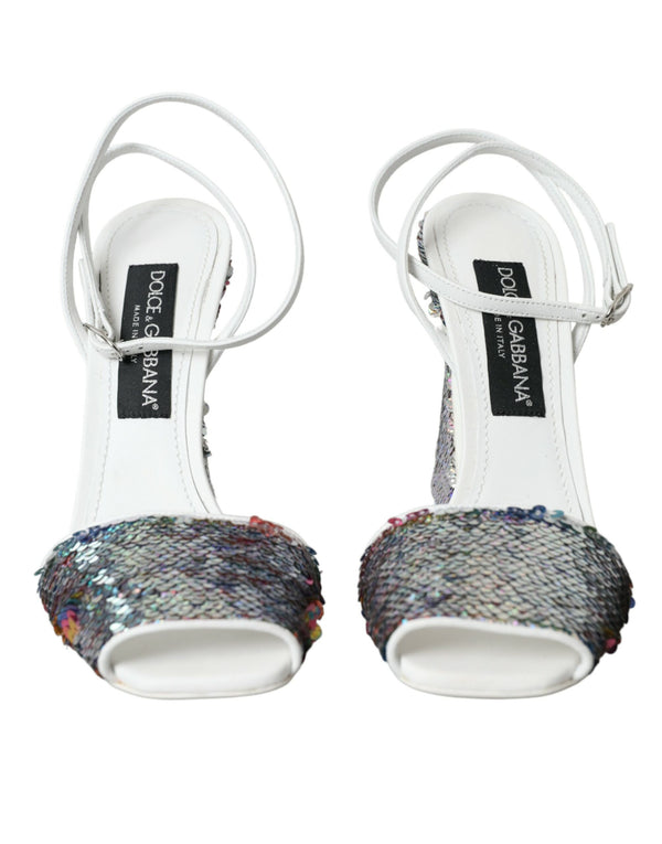 White Silver Sequin Ankle Strap Sandals Shoes Dolce & Gabbana