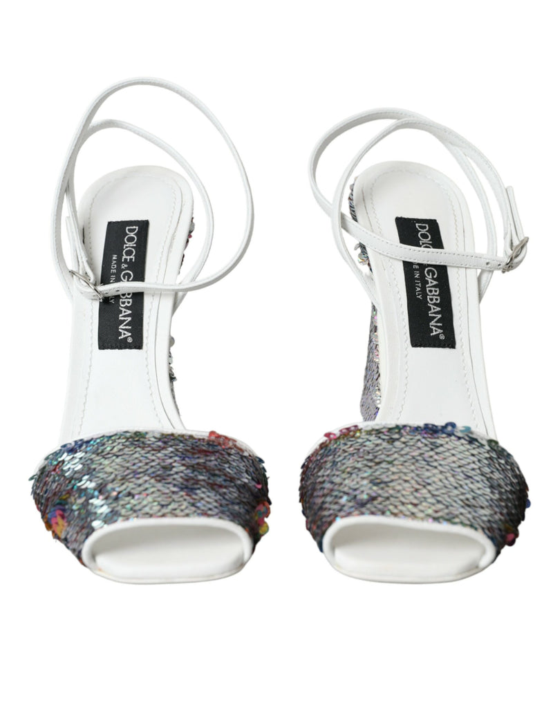 White Silver Sequin Ankle Strap Sandals Shoes Dolce & Gabbana