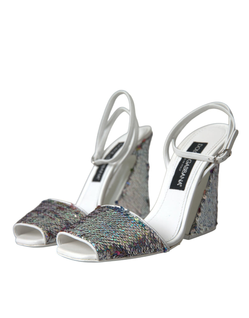White Silver Sequin Ankle Strap Sandals Shoes Dolce & Gabbana