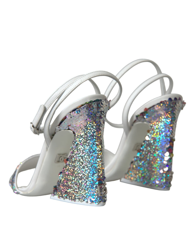 White Silver Sequin Ankle Strap Sandals Shoes Dolce & Gabbana
