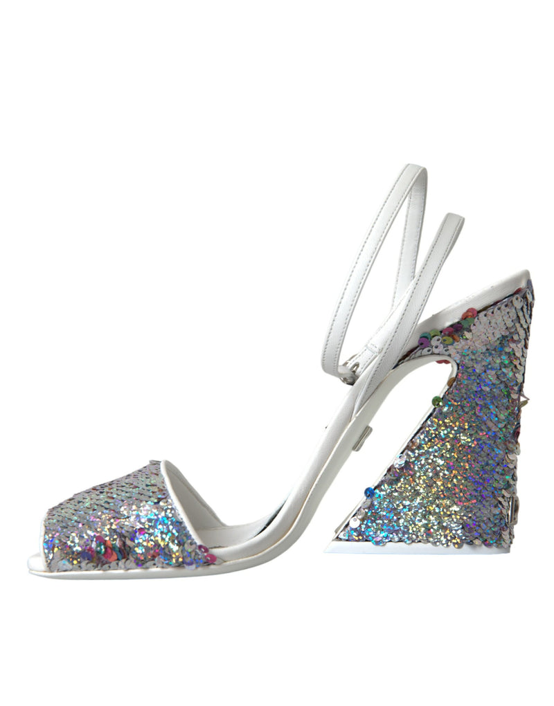 White Silver Sequin Ankle Strap Sandals Shoes Dolce & Gabbana