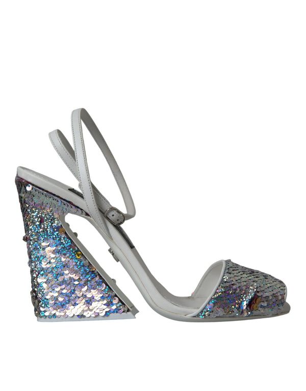White Silver Sequin Ankle Strap Sandals Shoes Dolce & Gabbana
