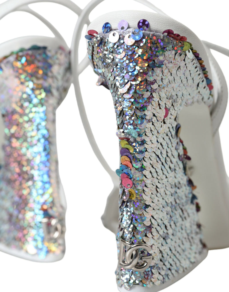 White Silver Sequin Ankle Strap Sandals Shoes Dolce & Gabbana