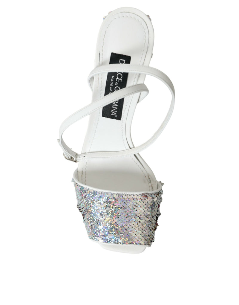 White Silver Sequin Ankle Strap Sandals Shoes Dolce & Gabbana