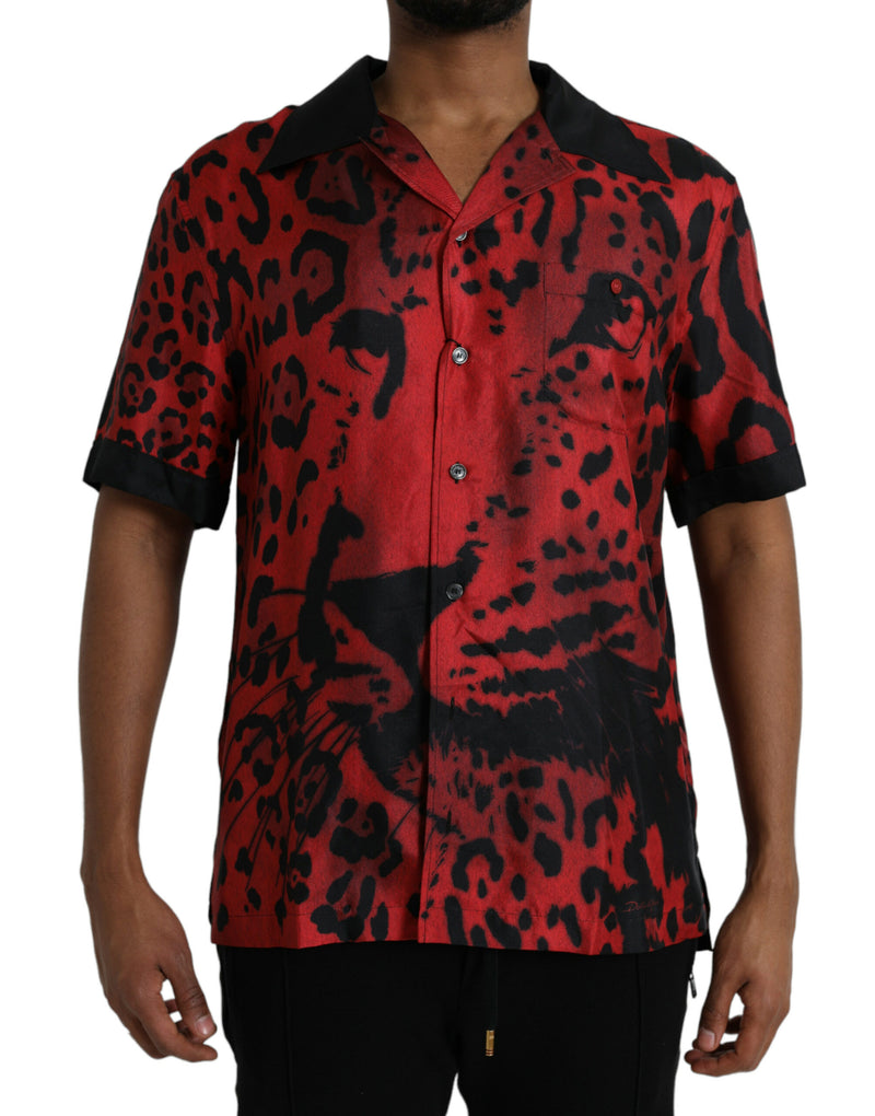 Red Leopard Silk Button Down Casual Shirt Dolce & Gabbana