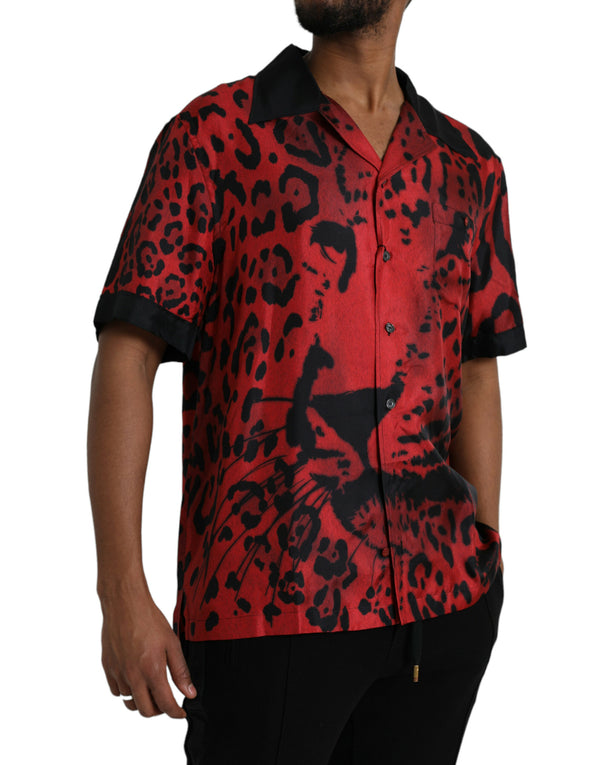 Red Leopard Silk Button Down Casual Shirt Dolce & Gabbana