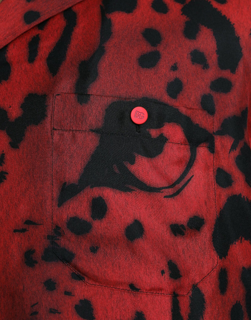 Red Leopard Silk Button Down Casual Shirt Dolce & Gabbana