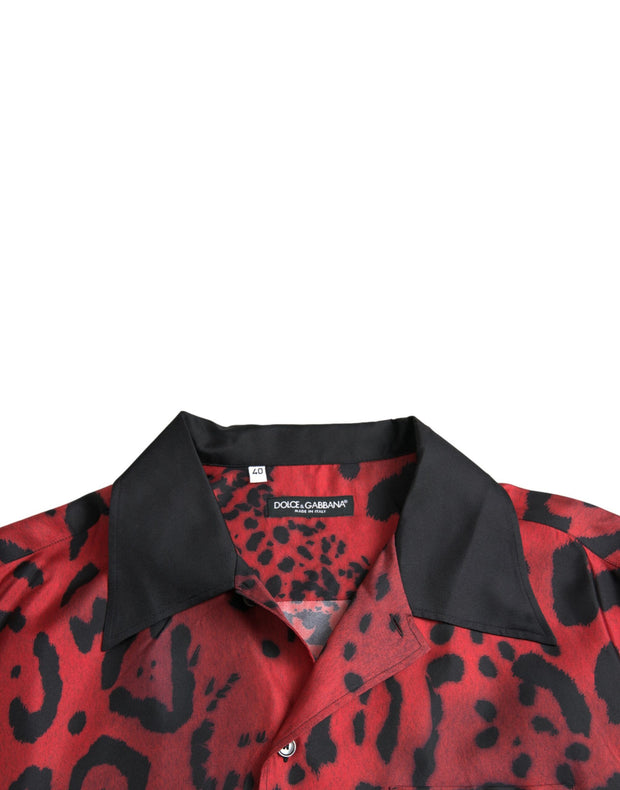 Red Leopard Silk Button Down Casual Shirt Dolce & Gabbana