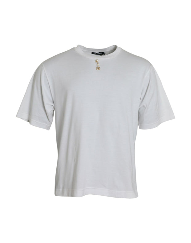 White Embellished Cotton Crew Neck T-shirt Dolce & Gabbana