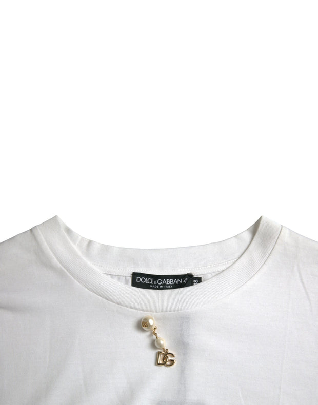 White Embellished Cotton Crew Neck T-shirt Dolce & Gabbana