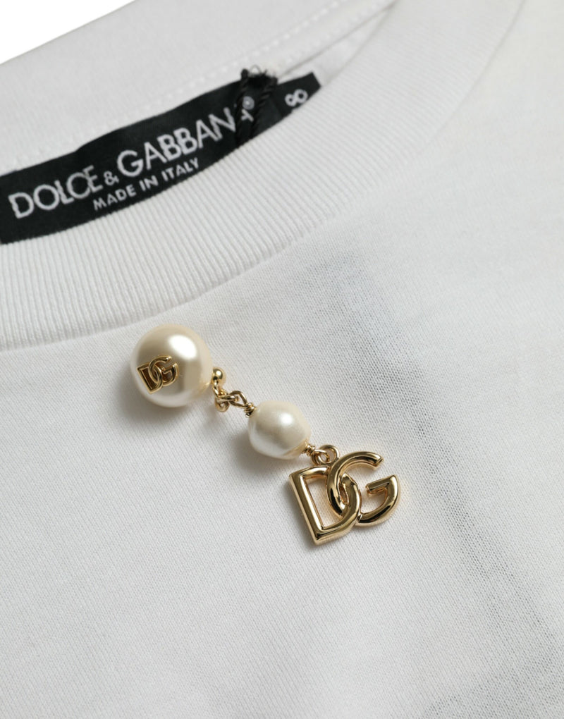 White Embellished Cotton Crew Neck T-shirt Dolce & Gabbana