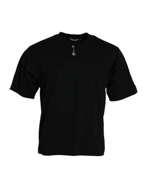 Black Embellished Cotton Crew Neck T-shirt Dolce & Gabbana