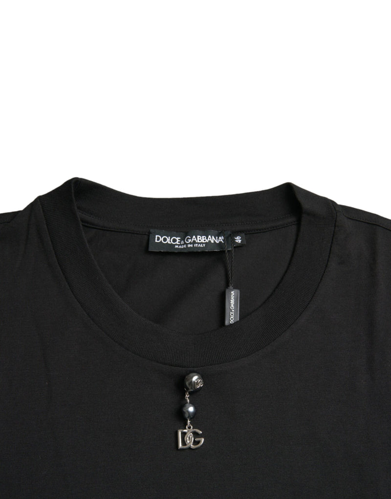 Black Embellished Cotton Crew Neck T-shirt Dolce & Gabbana