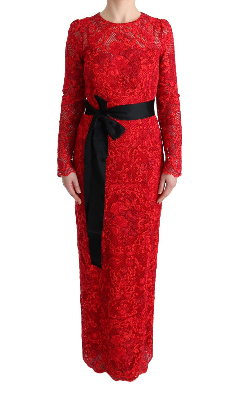 Elegant Red Sheath Dress with Silk Bow Belt Dolce & Gabbana