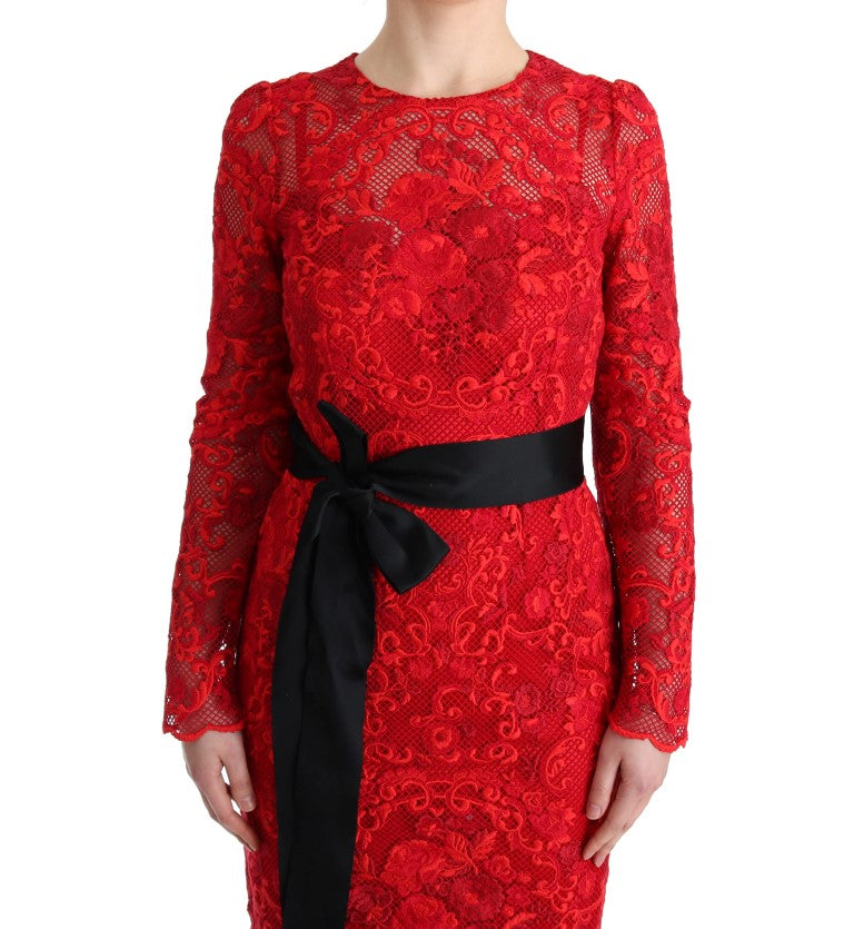 Elegant Red Sheath Dress with Silk Bow Belt Dolce & Gabbana