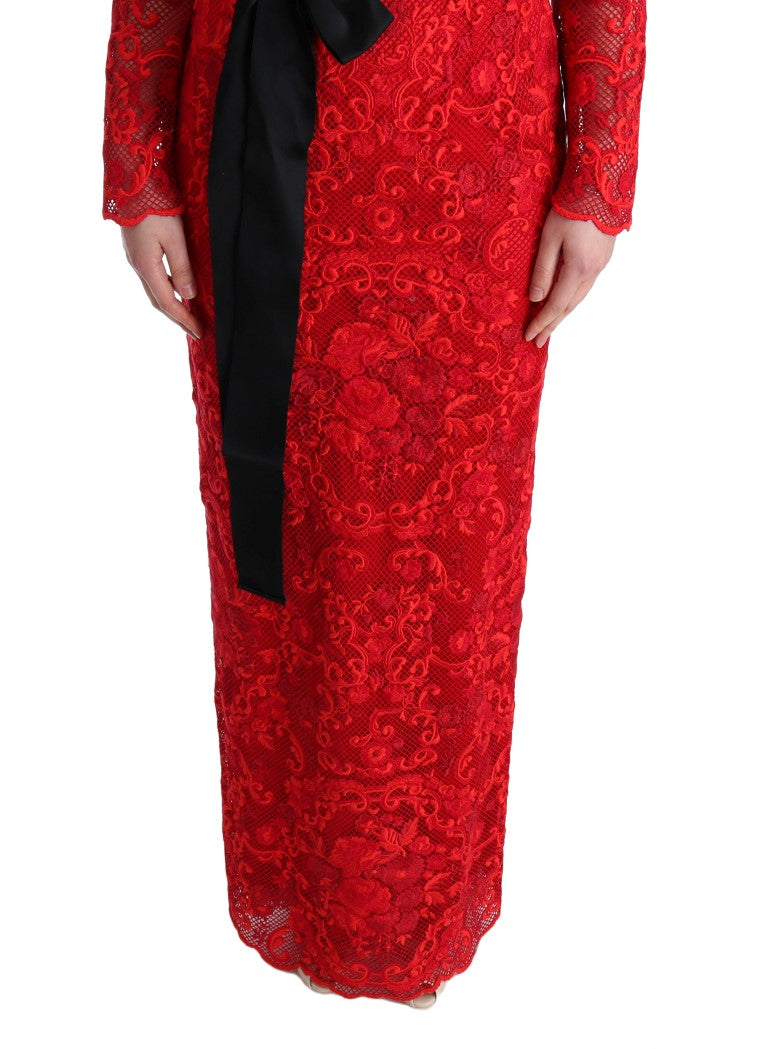 Elegant Red Sheath Dress with Silk Bow Belt Dolce & Gabbana