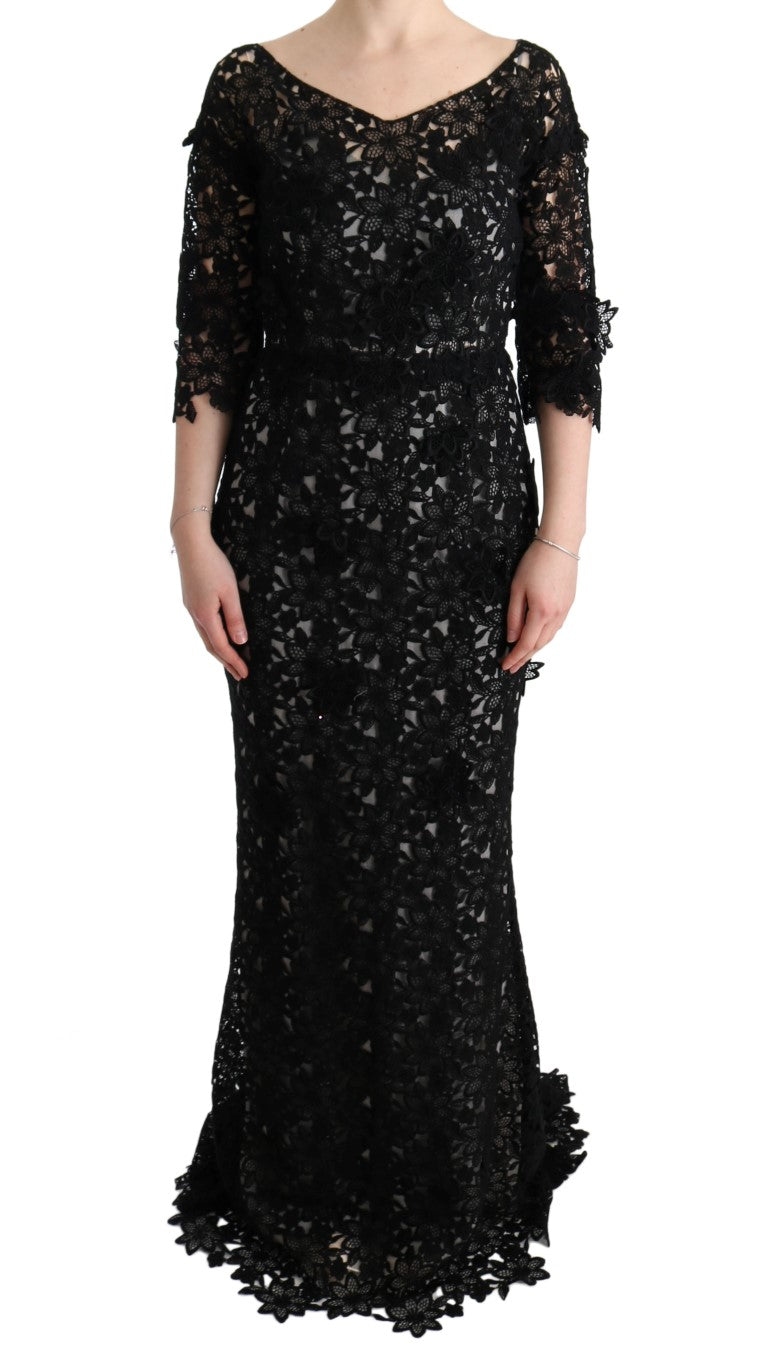 Elegant Black Maxi Shift Dress with Floral Applique Dolce & Gabbana