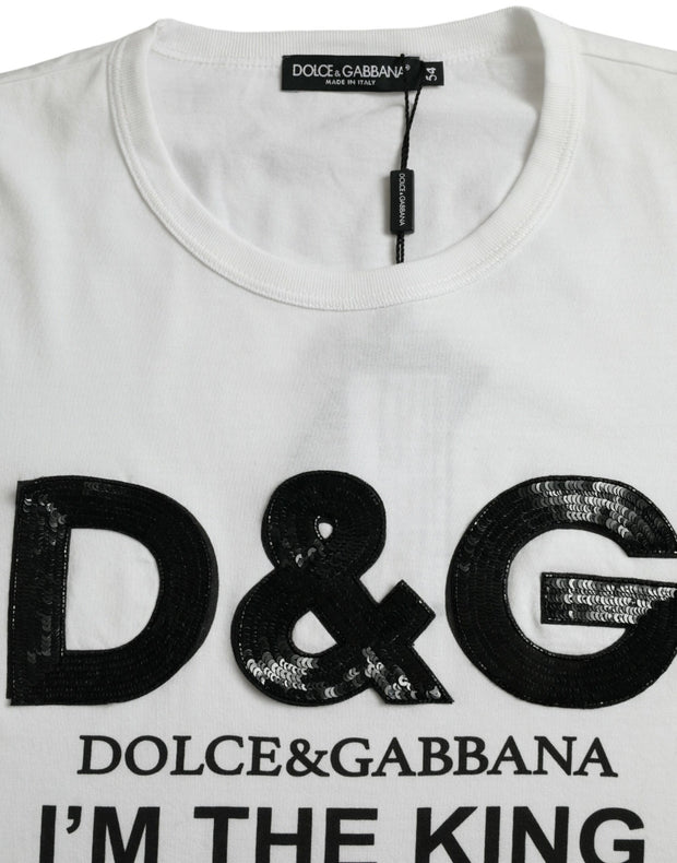 White D&G King Print Cotton Crewneck T-shirt Dolce & Gabbana