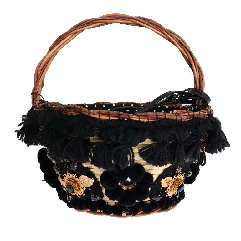 Chic Beige & Black Straw Snakeskin Bucket Bag Dolce & Gabbana