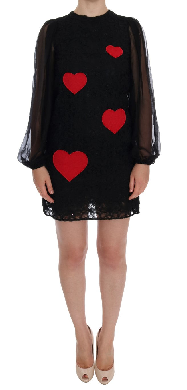 Elegant Black Lace Heart Applique Shift Dress Dolce & Gabbana