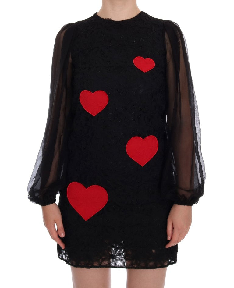 Elegant Black Lace Heart Applique Shift Dress Dolce & Gabbana