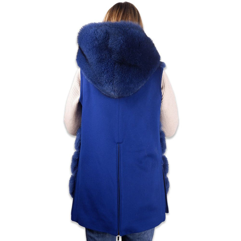 Elegant Sleeveless Wool Coat with Fox Fur Trim Made in Italy