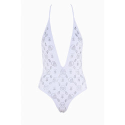 White Rhinestone Embellished Swimsuit Philipp Plein