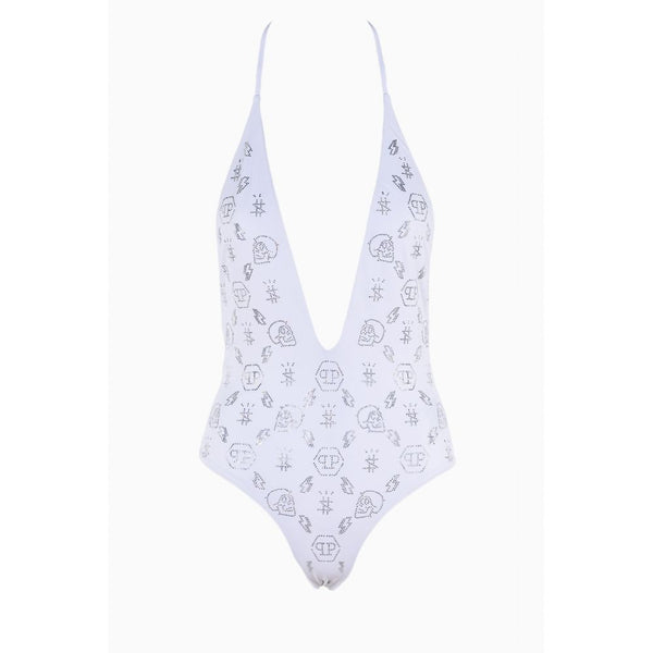 White Rhinestone Embellished Swimsuit Philipp Plein