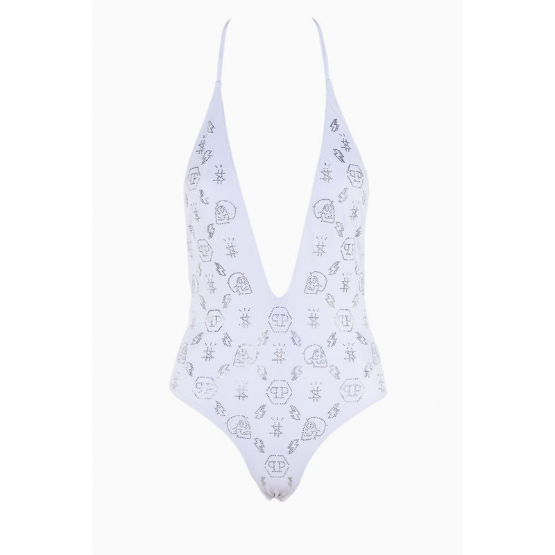 White Rhinestone Embellished Swimsuit Philipp Plein