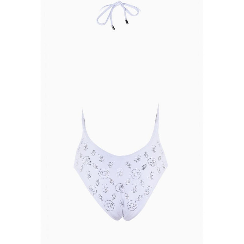 White Rhinestone Embellished Swimsuit Philipp Plein