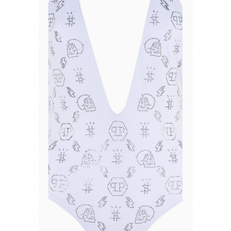 White Rhinestone Embellished Swimsuit Philipp Plein