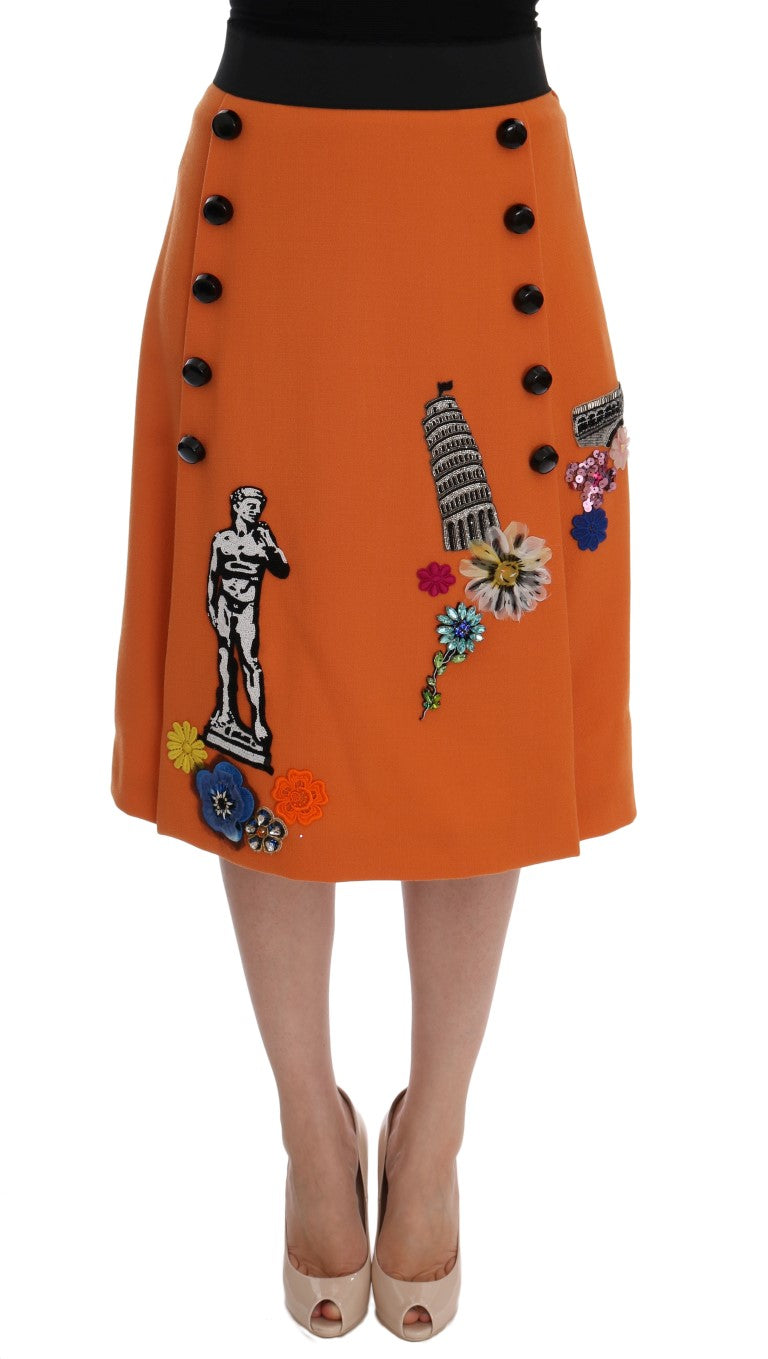 Embellished Wool Skirt in Vivid Orange Dolce & Gabbana