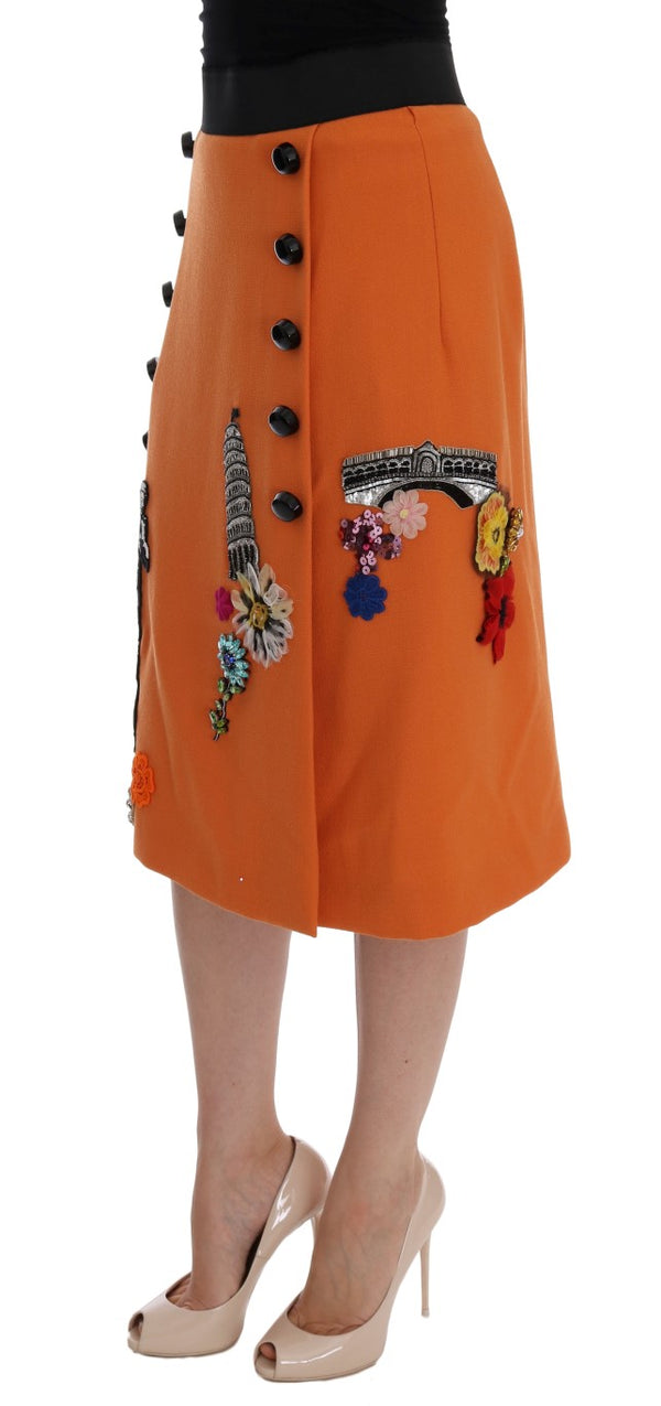 Embellished Wool Skirt in Vivid Orange Dolce & Gabbana