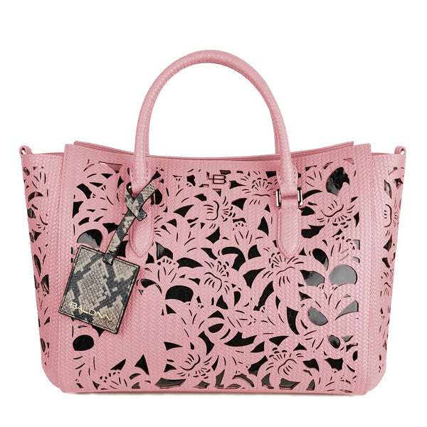 Chic Pink Calfskin Handbag with Floral Accents Baldinini Trend