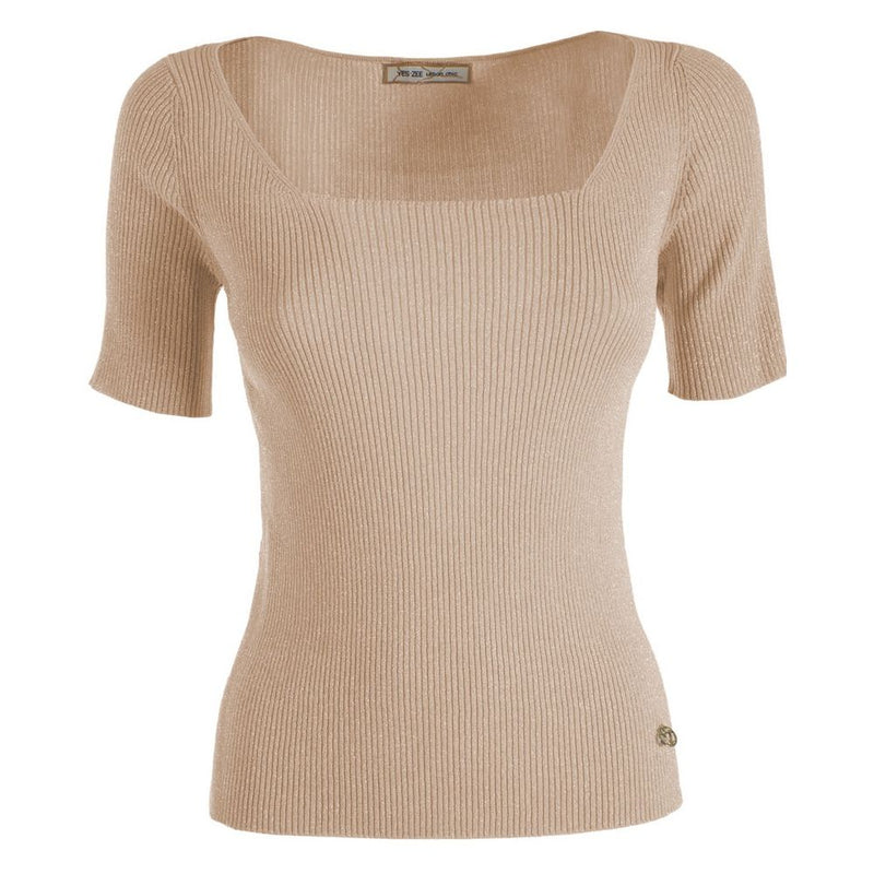 Chic Beige Rib-knit Short Sleeve Top Yes Zee