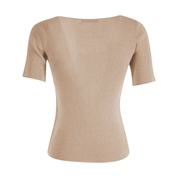 Chic Beige Rib-knit Short Sleeve Top Yes Zee