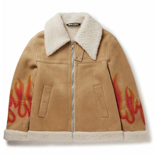 Flame Accented Suede Shearling Jacket Palm Angels