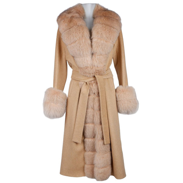 Elegant Beige Wool Coat with Fox Fur Trim Made in Italy