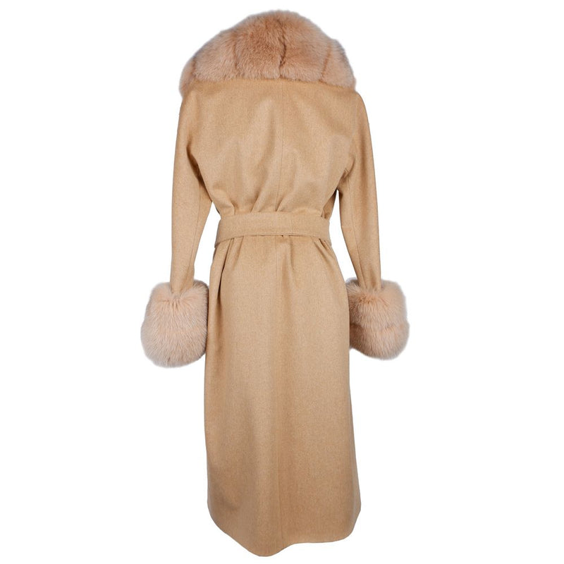 Elegant Beige Wool Coat with Fox Fur Trim Made in Italy