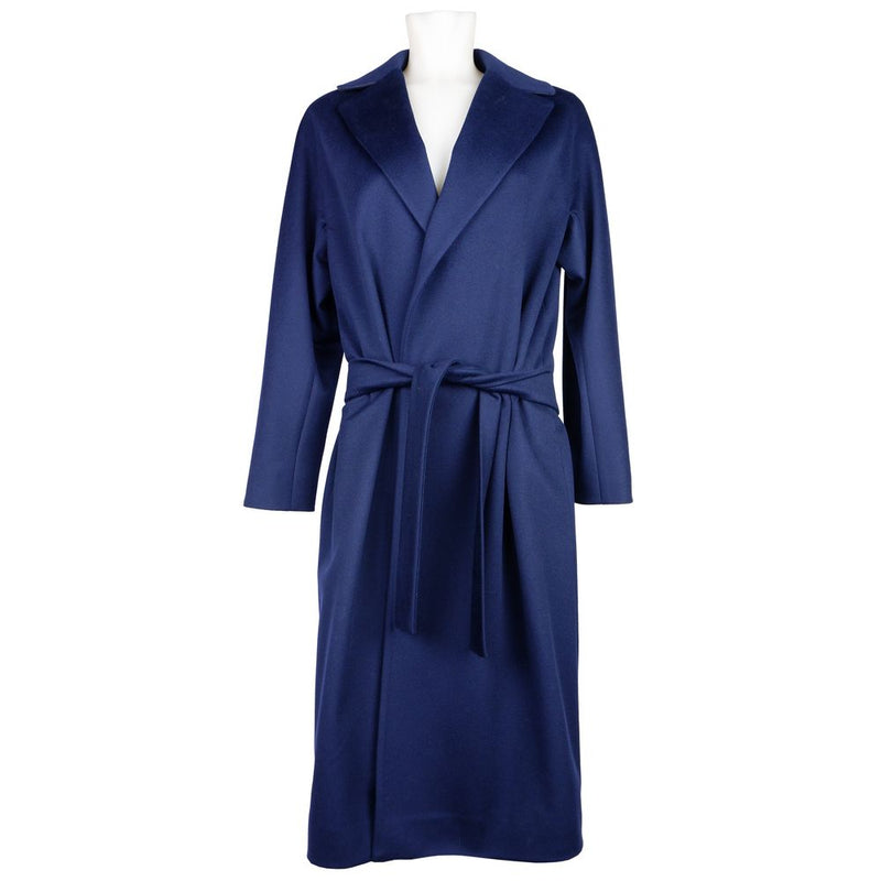 Elegant Blue Wool Coat with Ribbon Belt Made in Italy