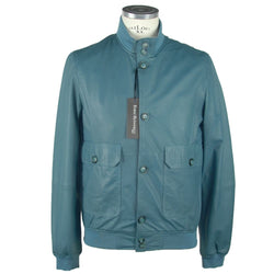 Elegant Petrol Blue Leather Jacket Emilio Romanelli