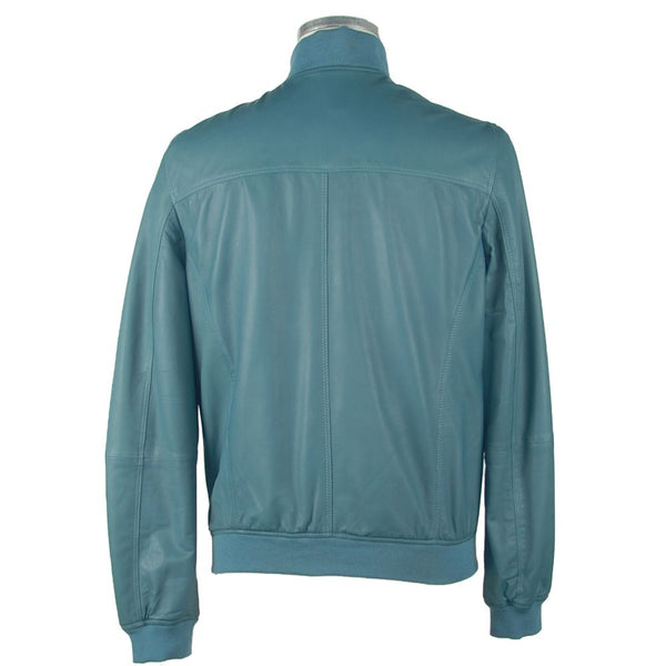 Elegant Petrol Blue Leather Jacket Emilio Romanelli