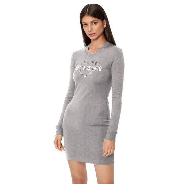 Chic Gray Cotton Blend Dress with Logo Detail Love Moschino