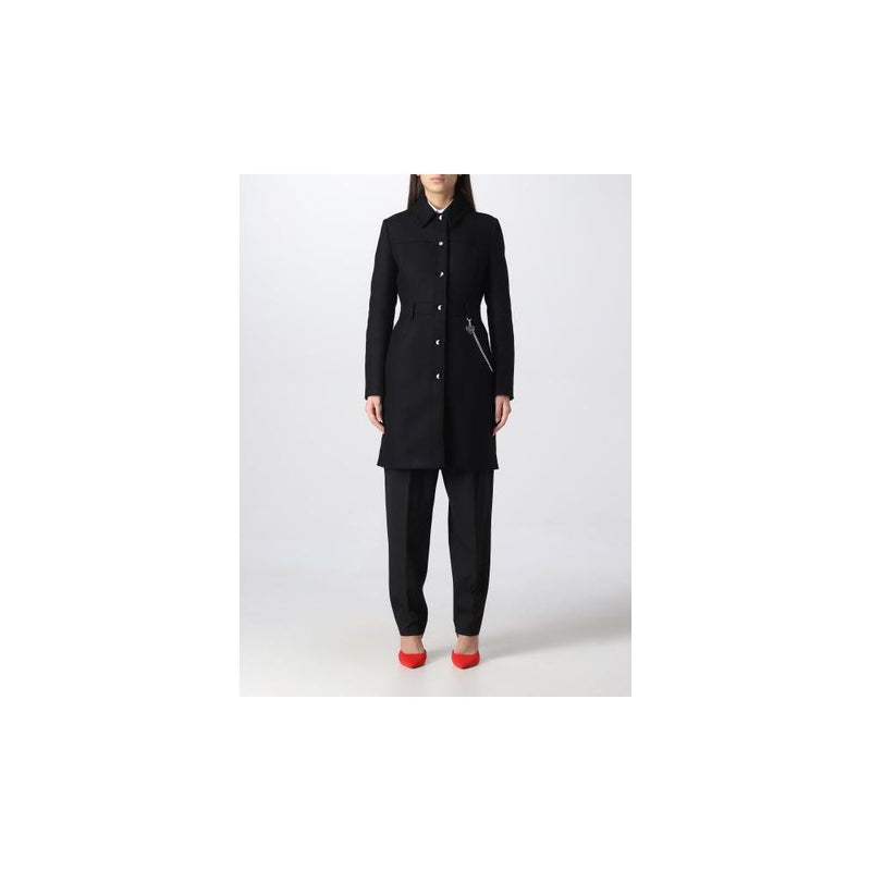 Elegant Black Wool Coat with Silver Chain Detail Love Moschino