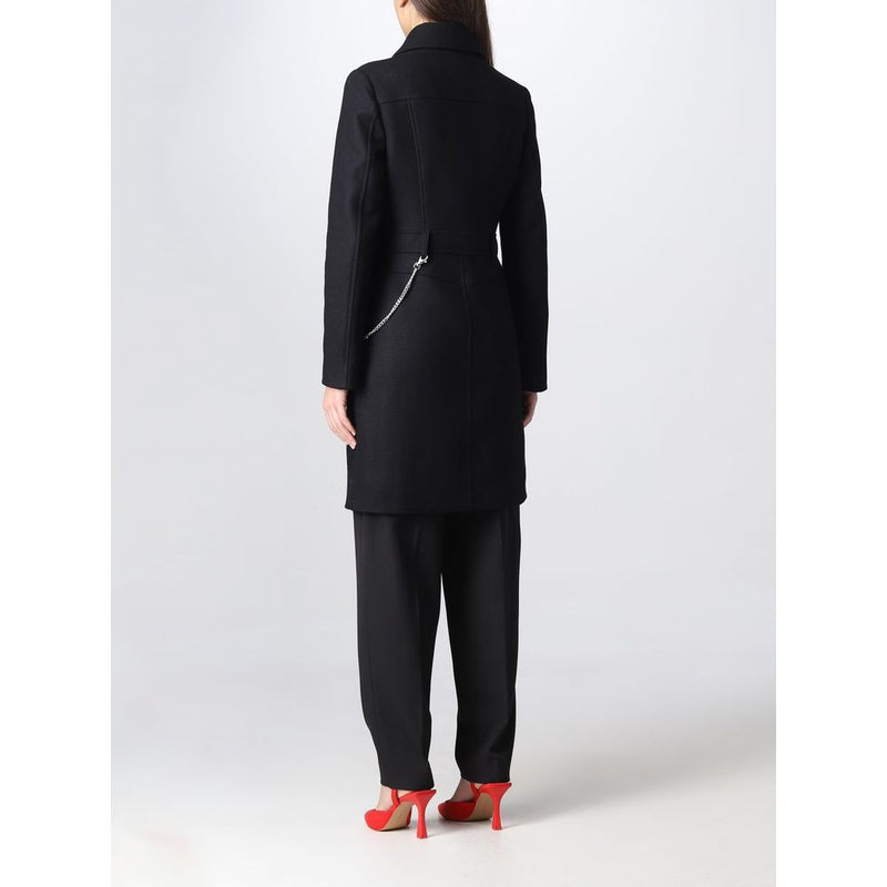 Elegant Black Wool Coat with Silver Chain Detail Love Moschino