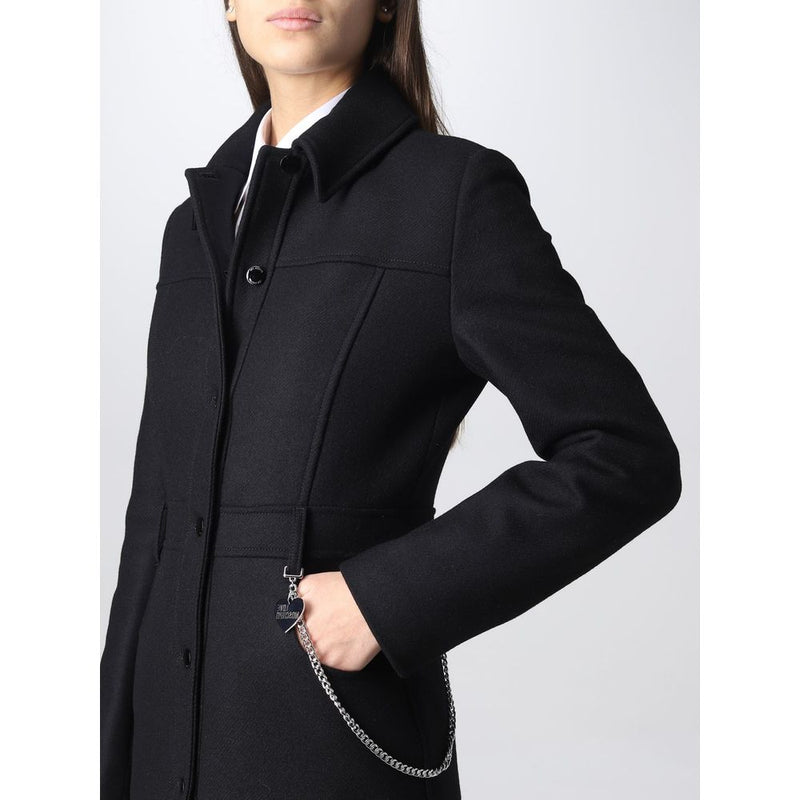 Elegant Black Wool Coat with Silver Chain Detail Love Moschino