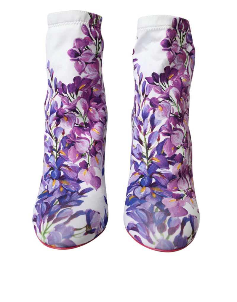 White Floral Jersey Stretch Boots Shoes Dolce & Gabbana