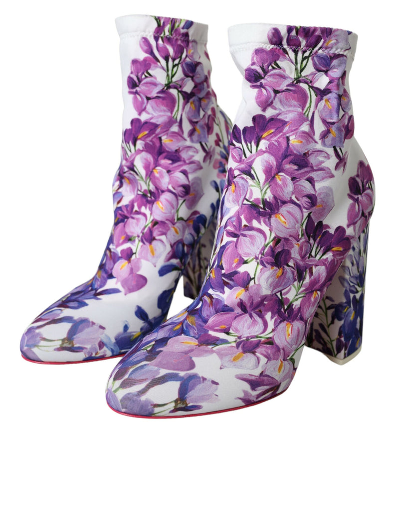 White Floral Jersey Stretch Boots Shoes Dolce & Gabbana