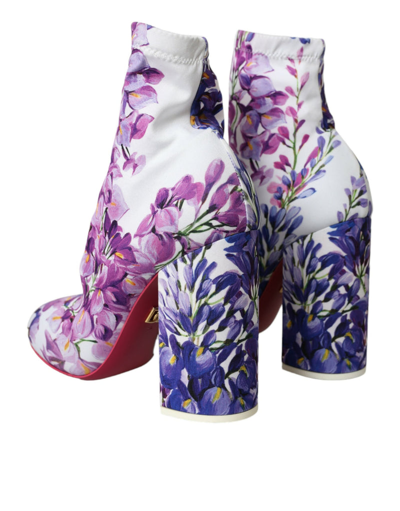 White Floral Jersey Stretch Boots Shoes Dolce & Gabbana